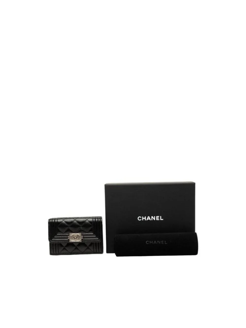 Chanel Boy CC Logo Small Mini Wallet Trifold Flap Black Caviar Leather
